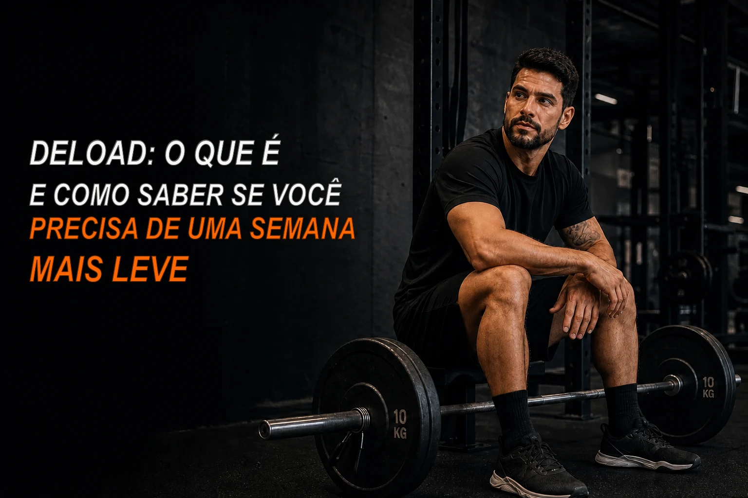 Praticante de musculação descansando ao lado de uma barra com poucas anilhas em uma academia escura