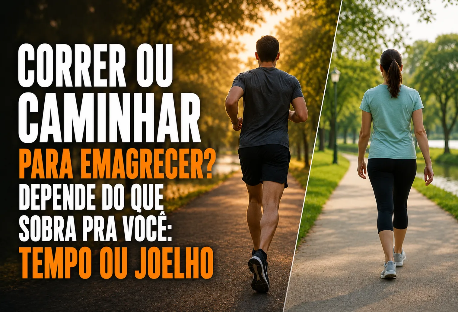 Pessoa correndo em calçada de parque urbano no início da manhã, com outra pessoa caminhando ao fundo
