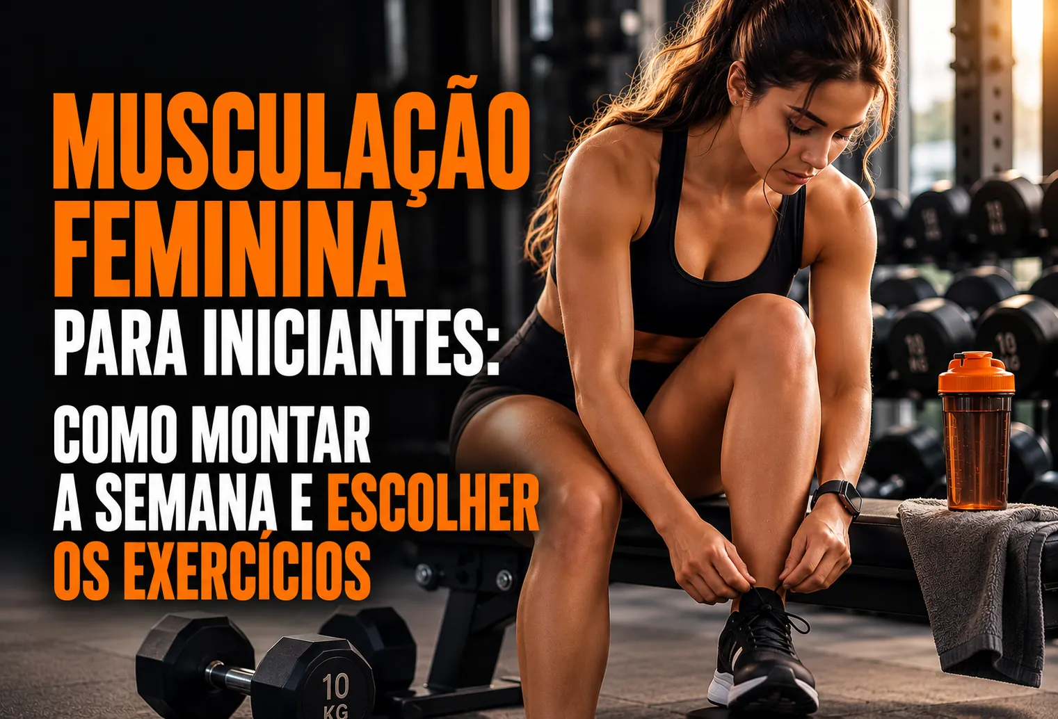 Mulher iniciante executando agachamento com halter em academia