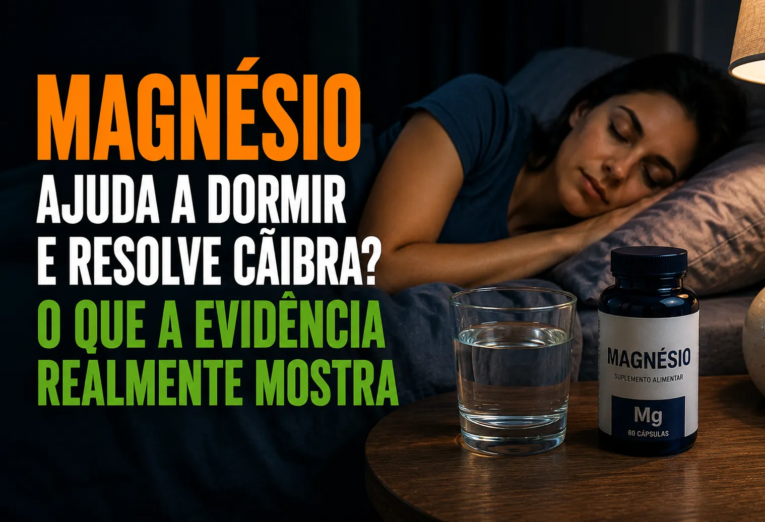 Cápsulas de magnésio ao lado de castanhas, sementes de abóbora e folhas verde-escuras sobre uma mesa