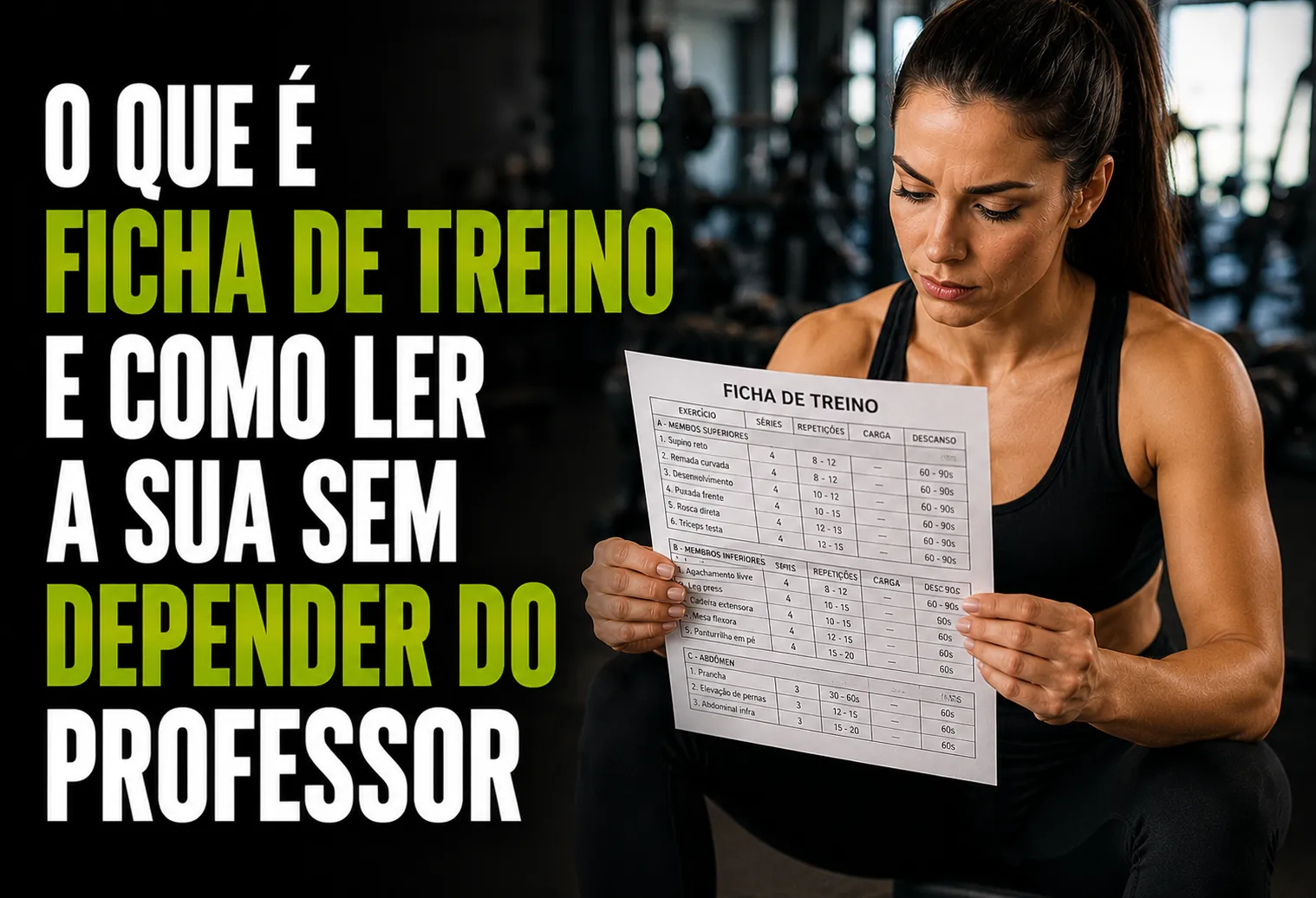 Mulher em uma academia lendo uma ficha de treino detalhada, dividida em membros superiores, inferiores e abdômen