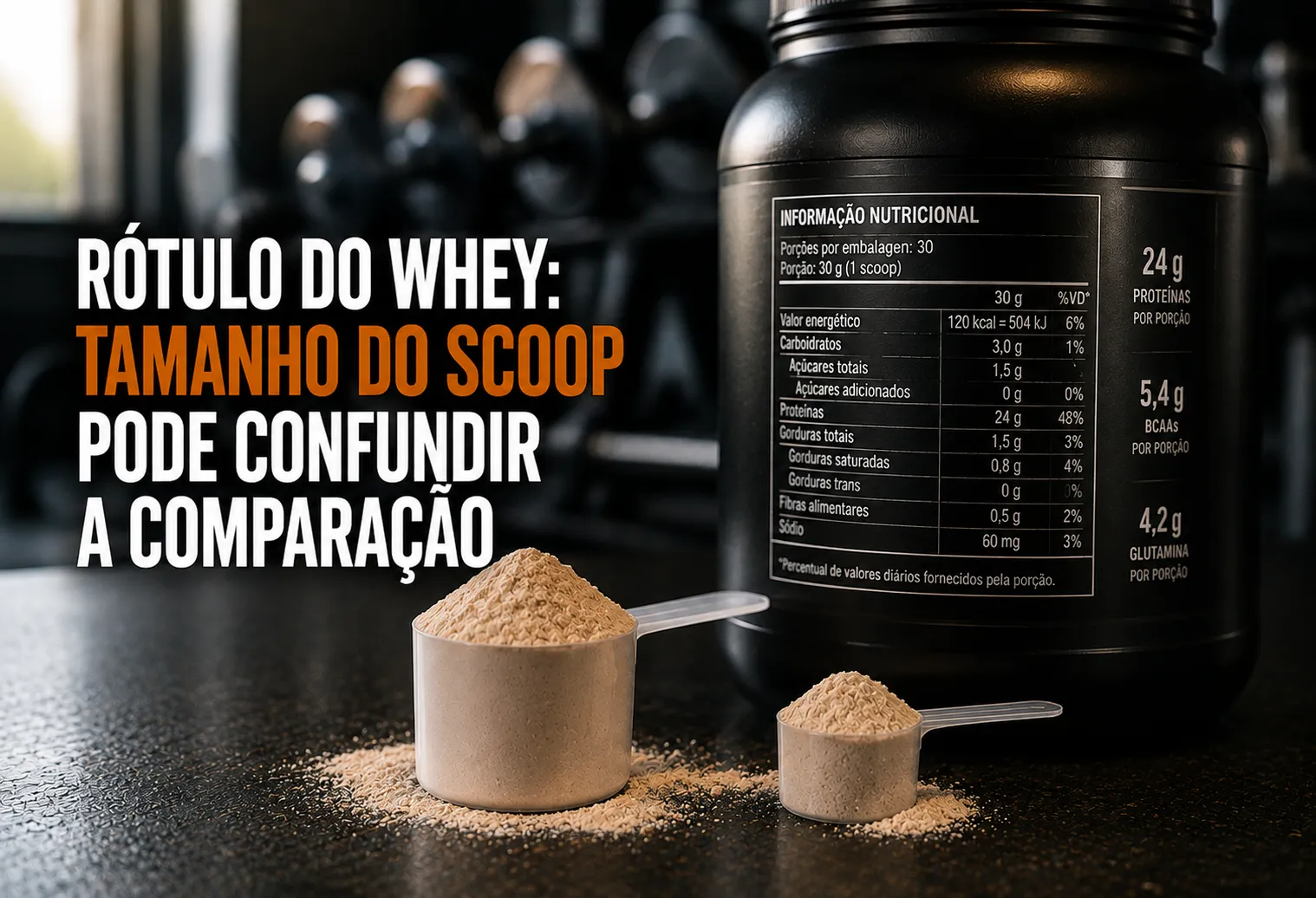 Duas medidas de tamanhos diferentes com whey em pó diante de recipientes sem rótulo