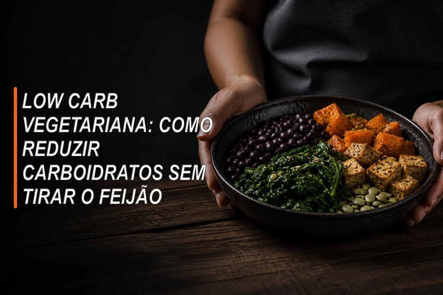 Prato vegetariano com feijão, tofu, verduras, legumes e sementes