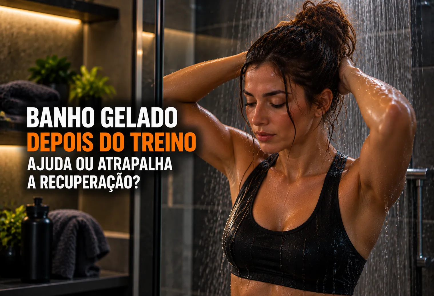 Pessoa descansando após o treino diante de uma banheira com água fria em ambiente esportivo
