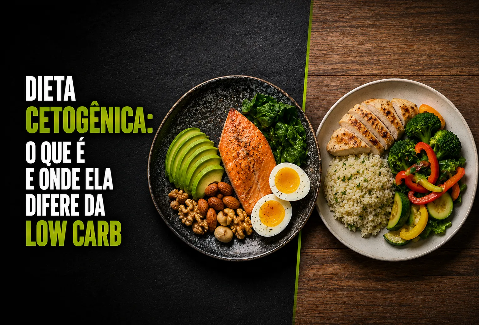 Dois pratos lado a lado: à esquerda salmão, abacate, castanhas, ovo cozido e folhas verdes; à direita frango grelhado, cuscuz e legumes coloridos