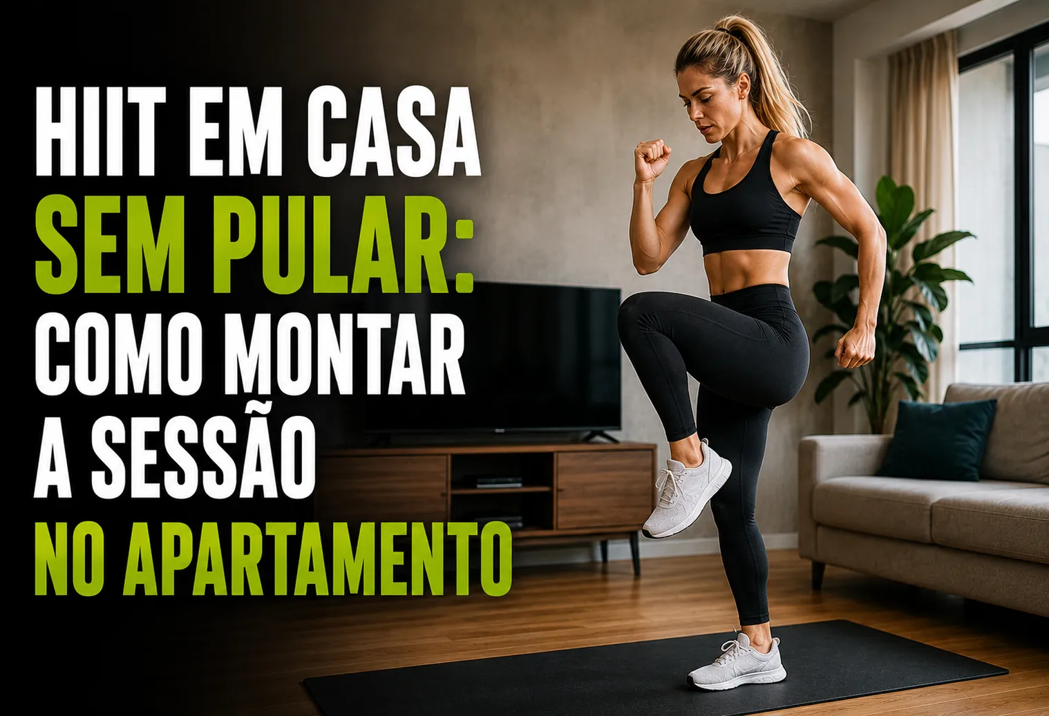 Pessoa agachando sobre um tapete na sala de um apartamento durante treino intervalado em casa, sem salto e sem equipamento