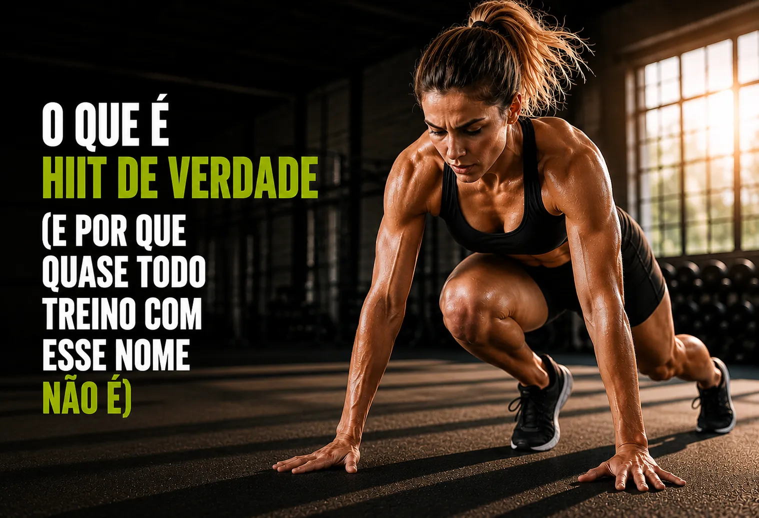 Pessoa fazendo corrida no lugar com joelho alto na sala de casa, com um cronômetro no chão marcando o intervalo