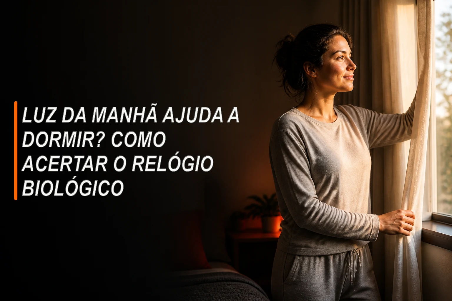 Mulher abrindo a cortina e recebendo a luz da manhã em um quarto escuro