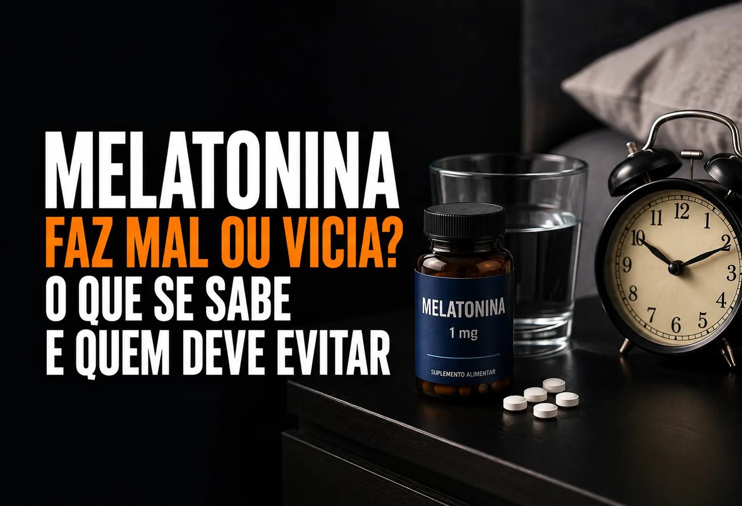 Comprimido de melatonina ao lado de um copo de agua na mesa de cabeceira a noite