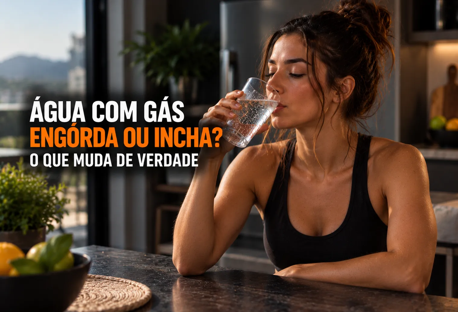 Copo e garrafa de água com gás sobre mesa escura, iluminados por luz laranja