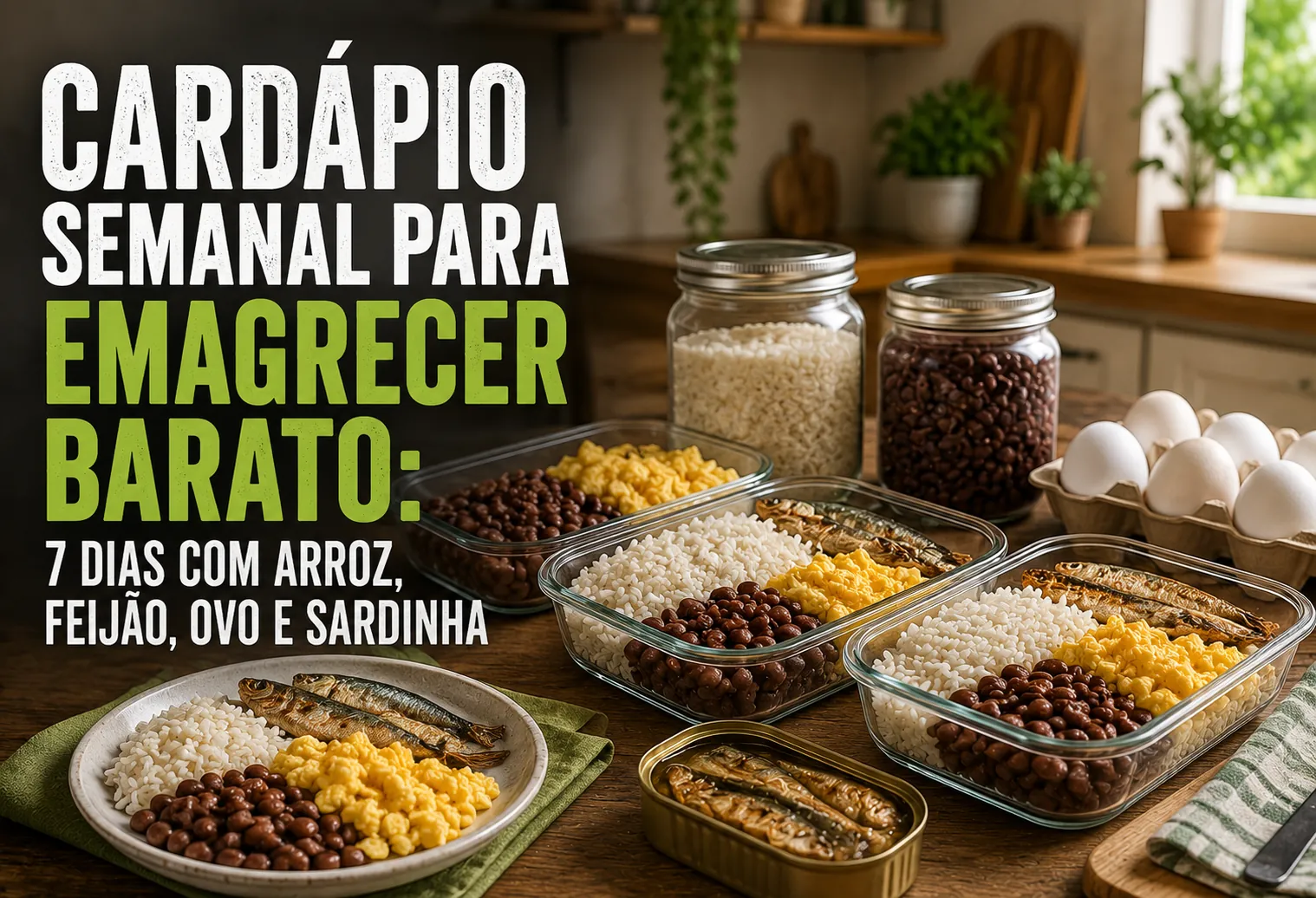 Prato brasileiro com arroz, feijão, ovo cozido e salada sobre mesa de madeira