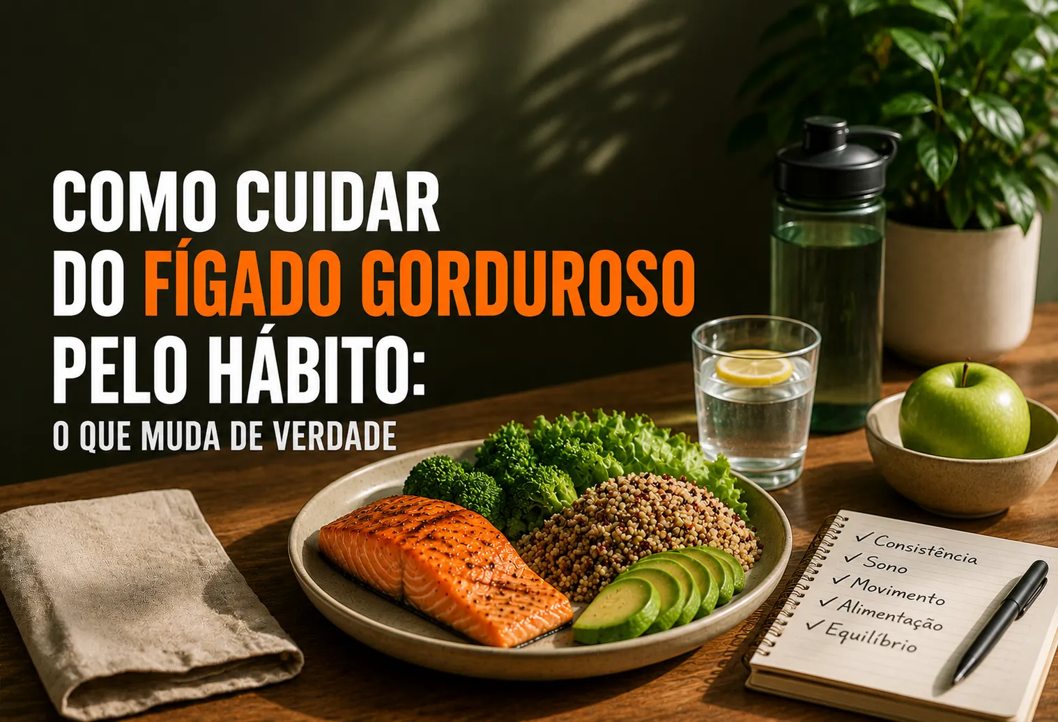 Prato com peixe grelhado, folhas verdes, legumes e azeite de oliva, exemplo de refeição para quem tem fígado gorduroso