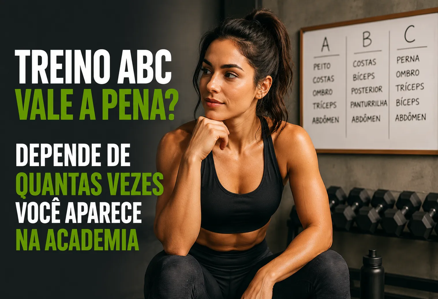 Homem agachando com barra livre em academia, com anilhas e rack ao fundo