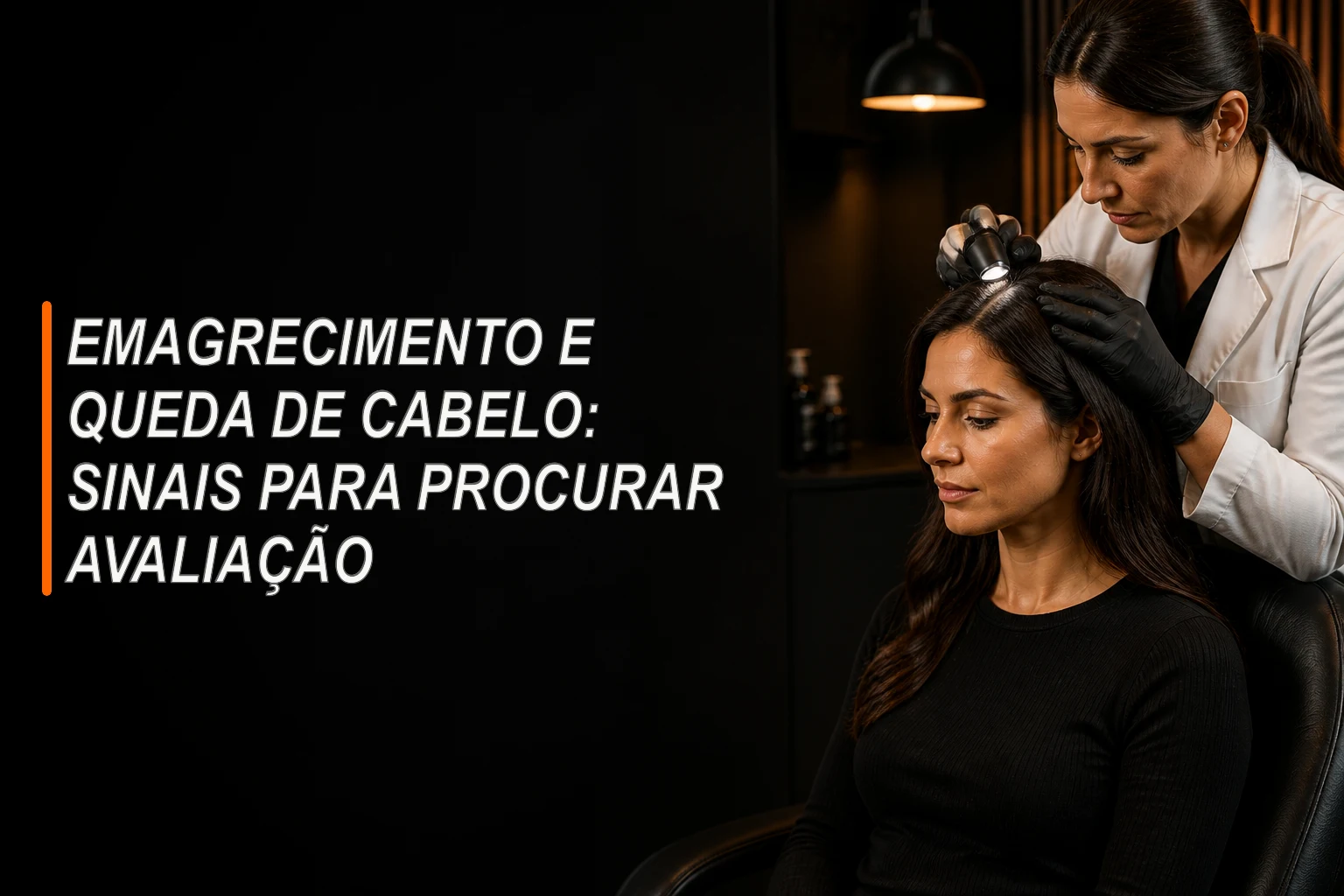 Dermatologista examina o couro cabeludo de uma mulher em consulta