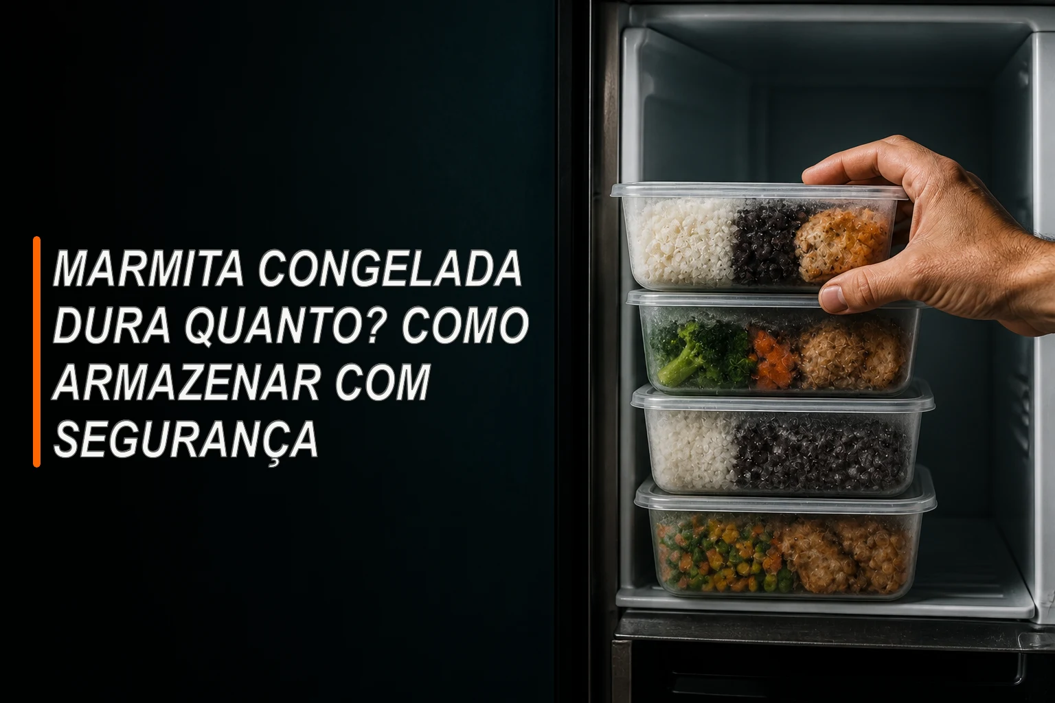 Marmitas congeladas organizadas em recipientes transparentes no freezer