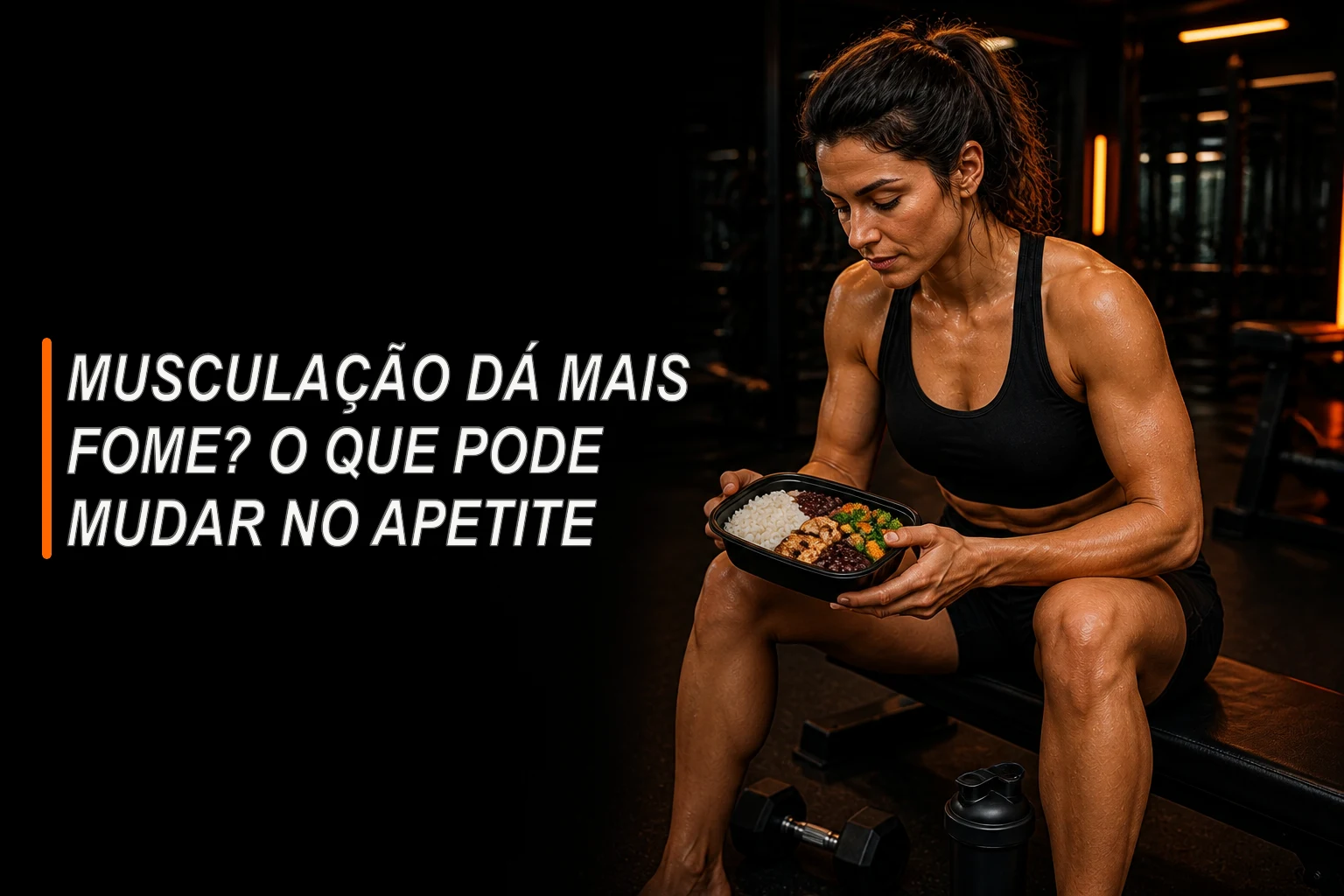 Mulher sentada em banco de academia segurando uma marmita com arroz, feijão, legumes e frango