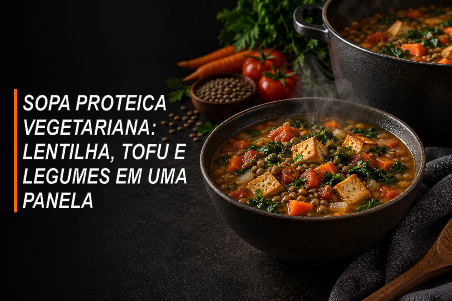 Sopa vegetariana de lentilha, tofu e legumes em uma tigela escura