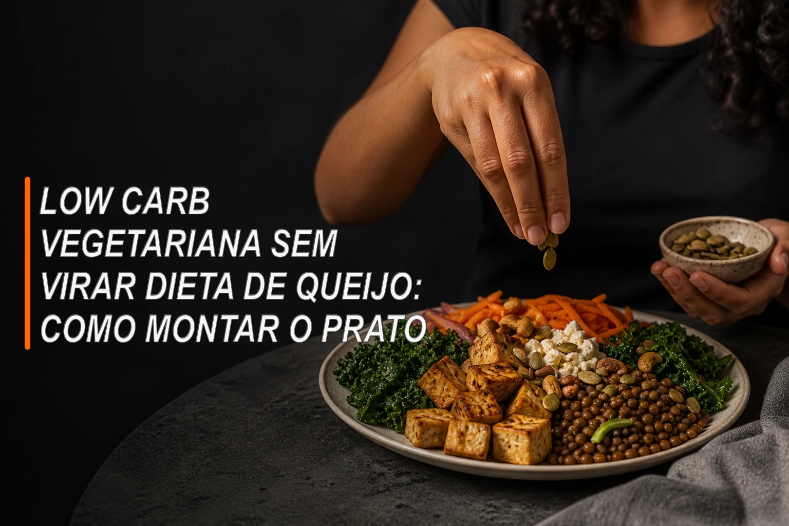 Prato vegetariano variado com tofu, lentilhas, verduras, castanhas e pouco queijo