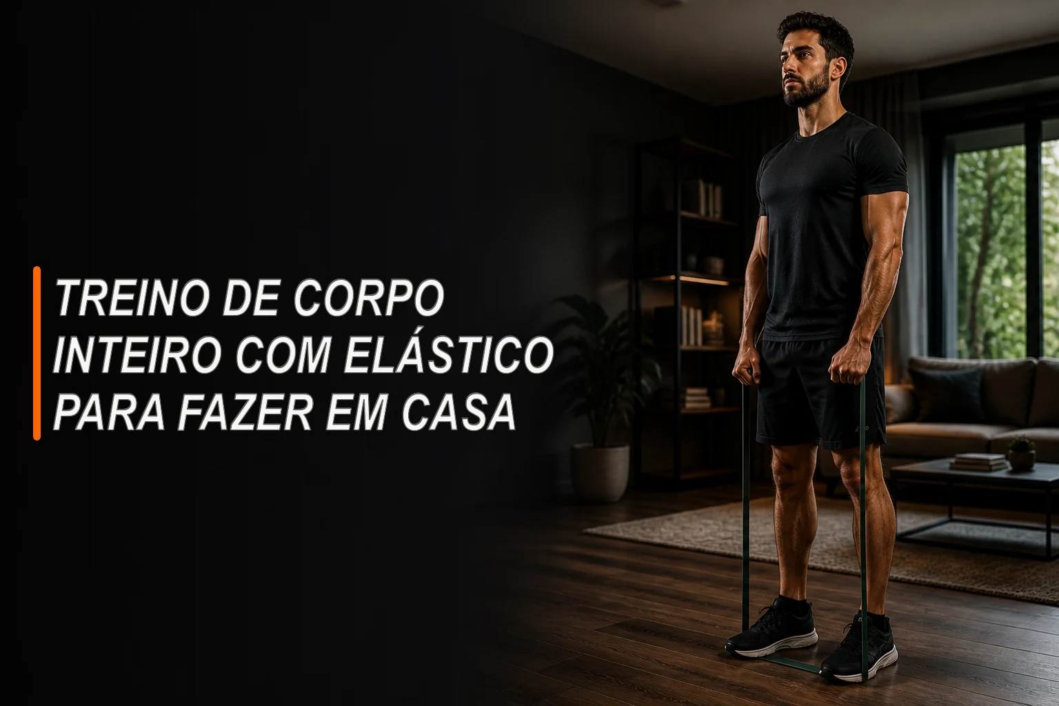 Homem treinando o corpo inteiro com um elástico em casa