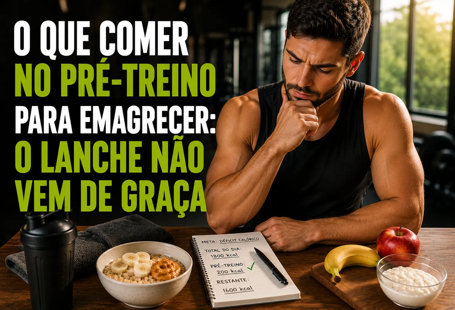 Iogurte natural com aveia e uma banana sobre a bancada da cozinha ao lado de uma garrafa de água e uma bolsa de academia