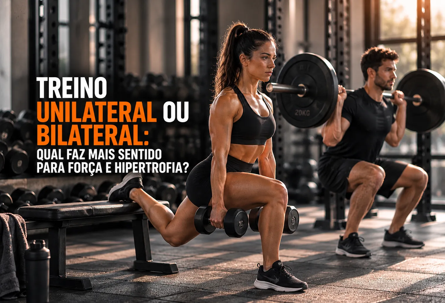 Mulher executando agachamento búlgaro com halteres em uma academia escura.