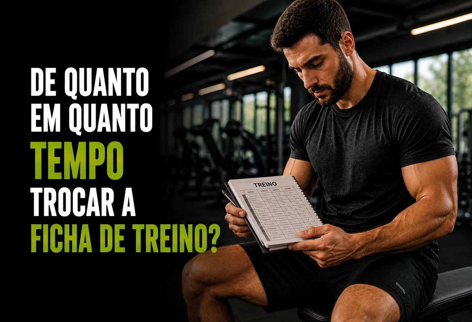 Homem em uma academia lendo uma ficha de treino impressa com uma tabela de exercícios