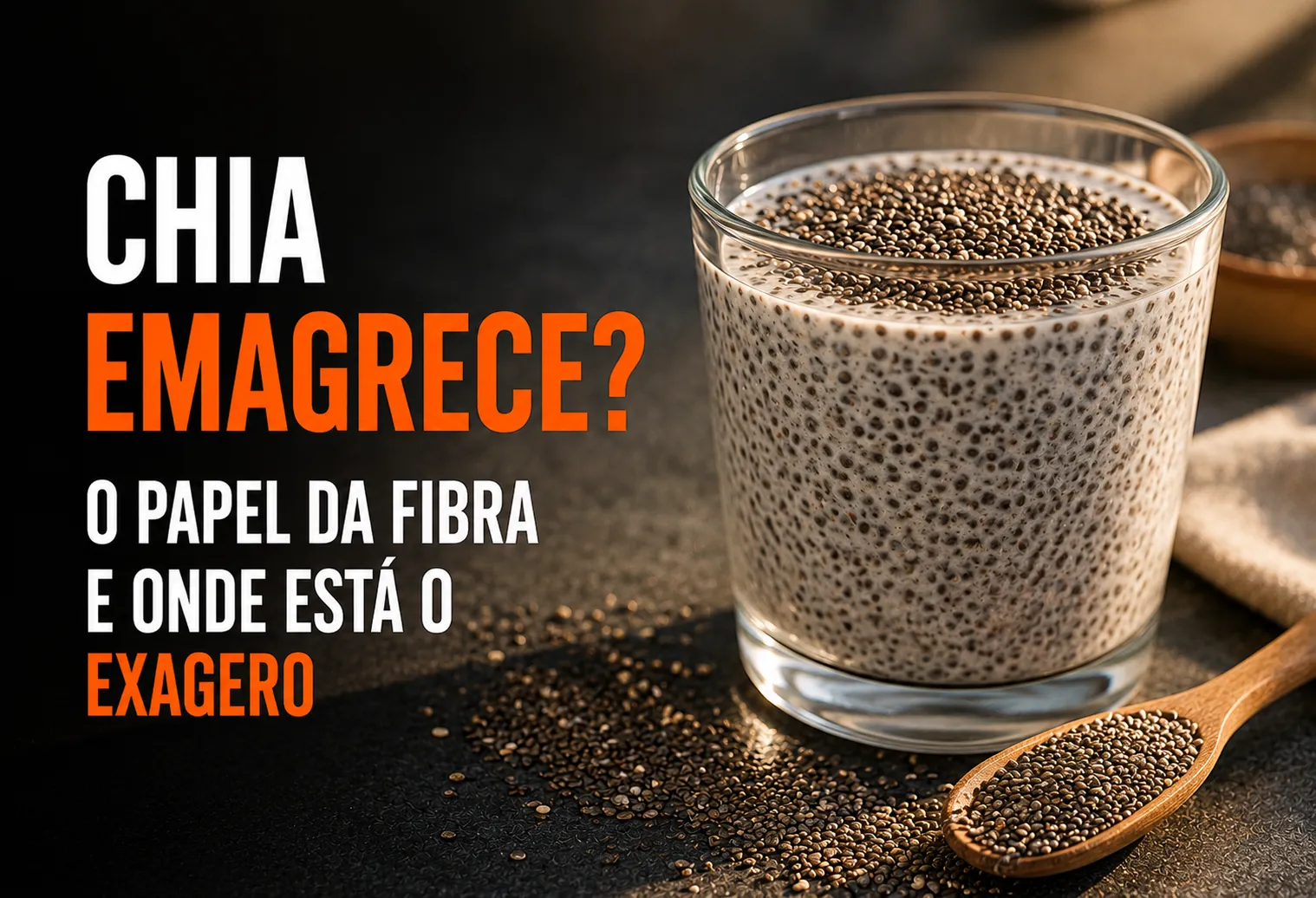 Copo de vidro com água e sementes de chia hidratadas formando gel, ao lado de uma colher com sementes secas sobre a mesa.