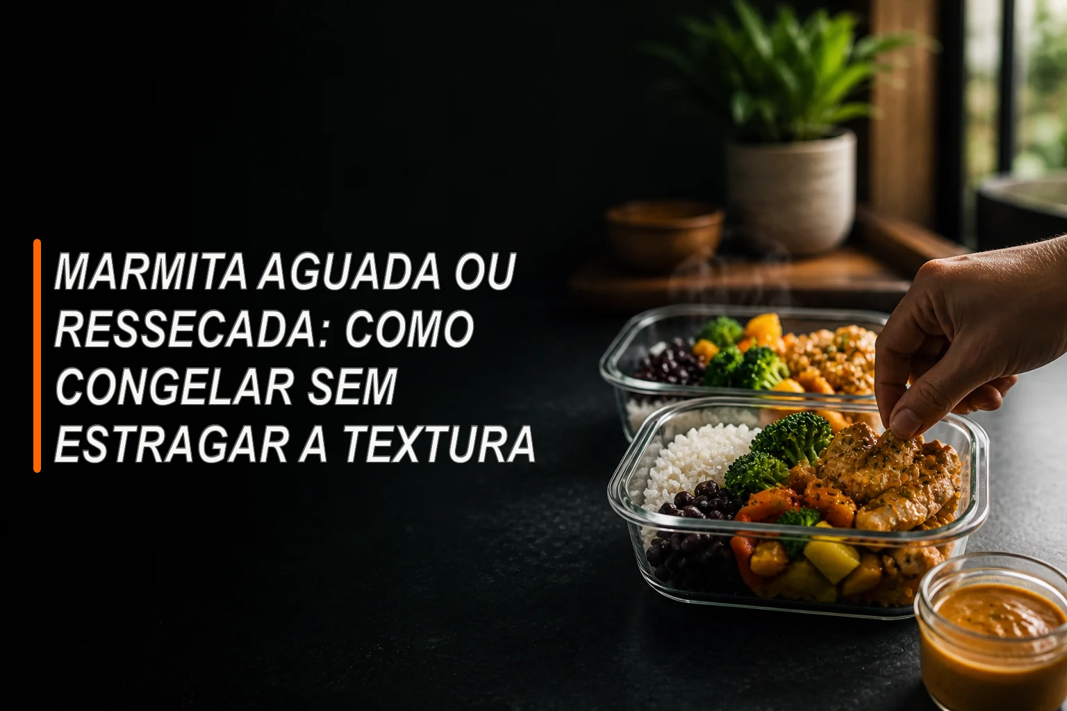 Marmitas com arroz, feijão, legumes, proteína e molho separado