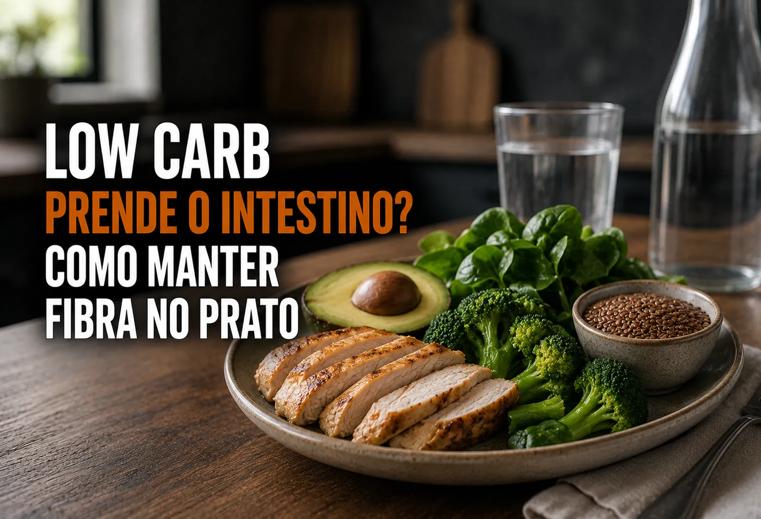 Prato com vegetais, abacate e chia ao lado de uma jarra de água