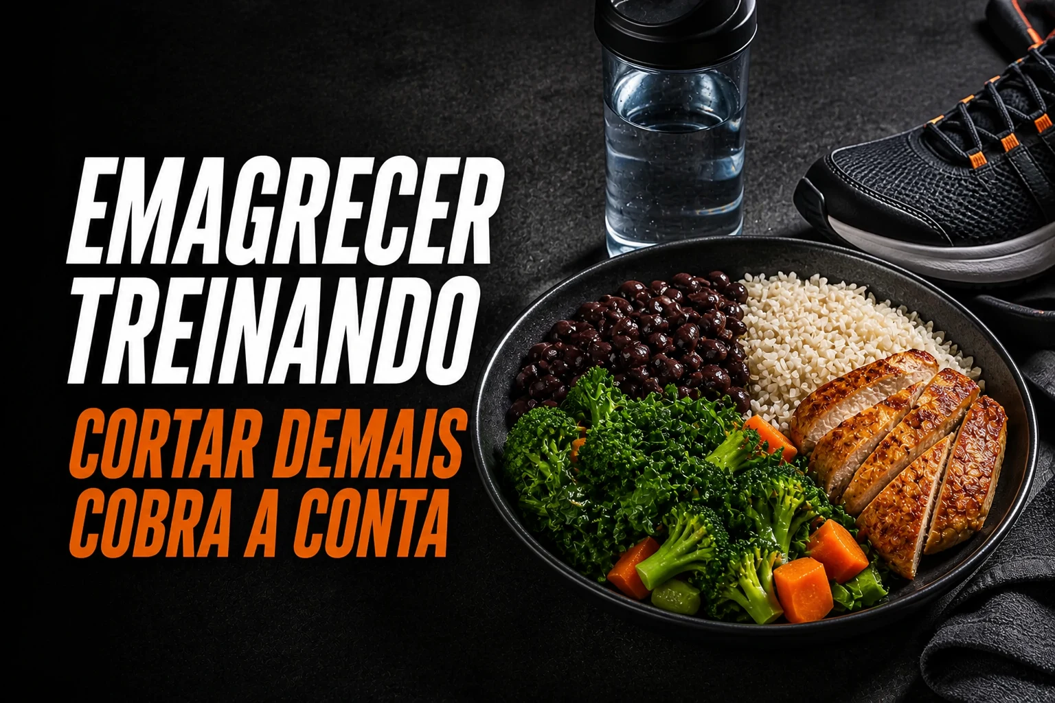 Prato com arroz, feijão, legumes e proteína ao lado de tênis e garrafa usados em um treino