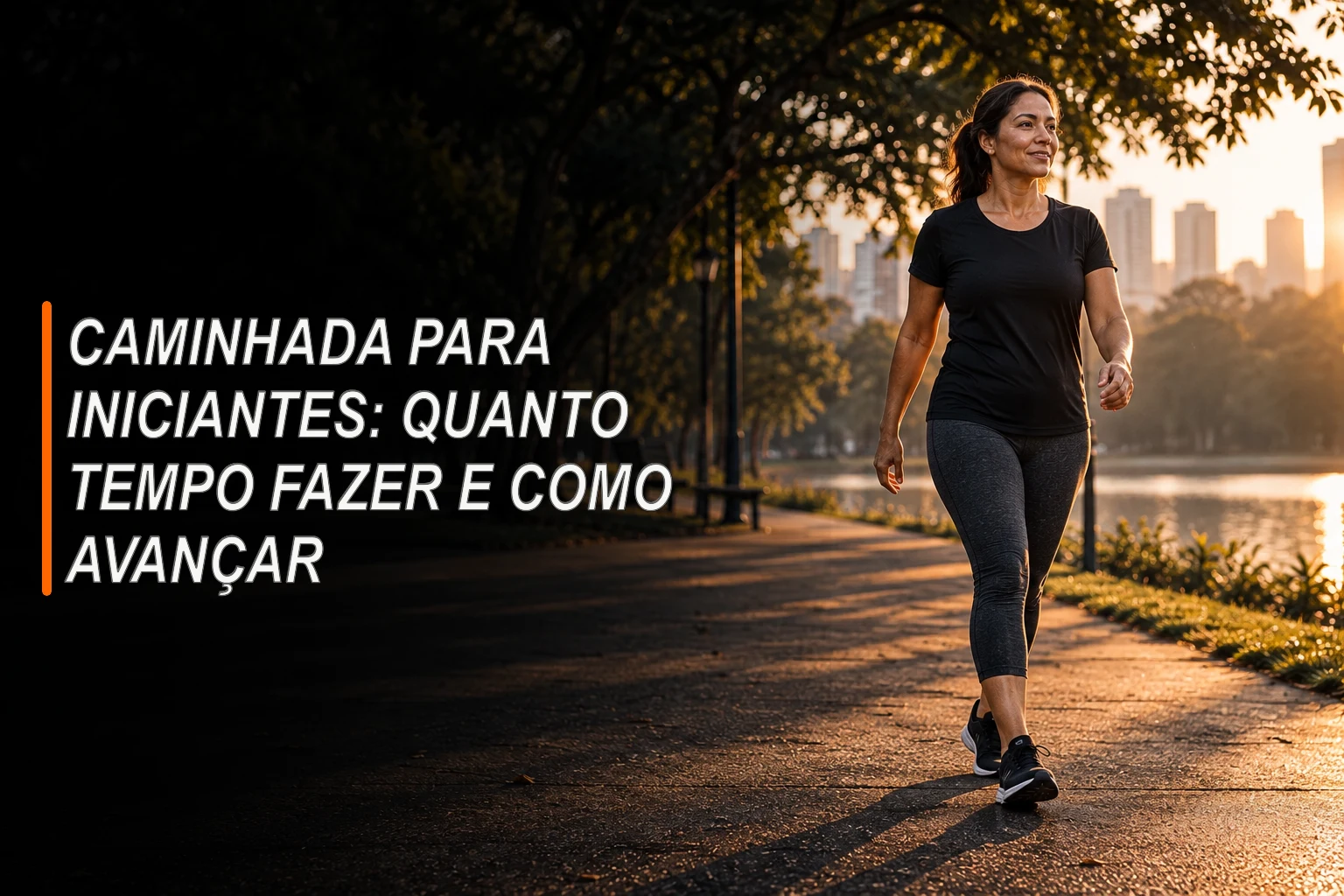 Mulher de roupa esportiva caminhando em um parque arborizado ao pôr do sol