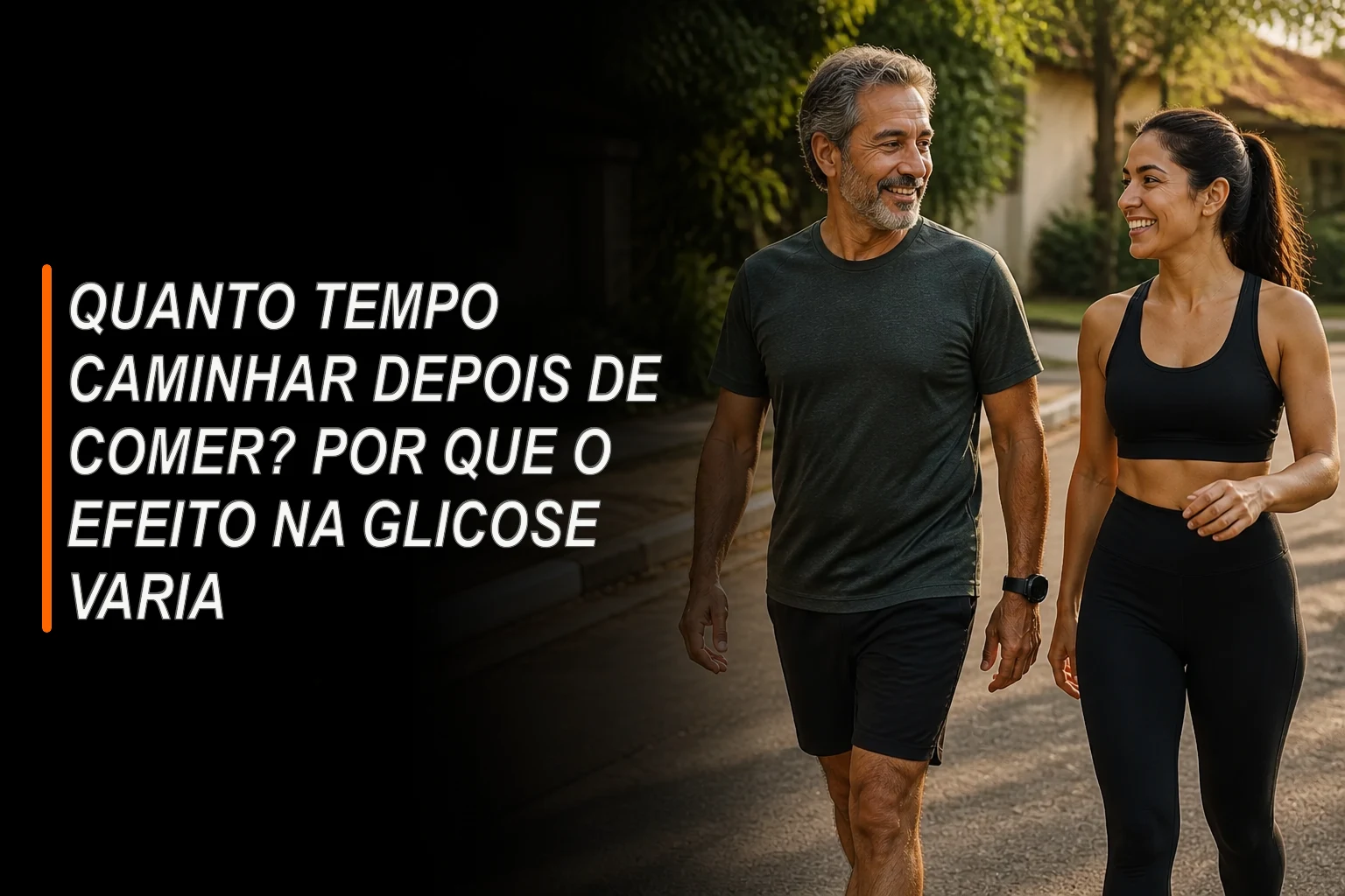 Homem e mulher caminhando juntos em rua arborizada