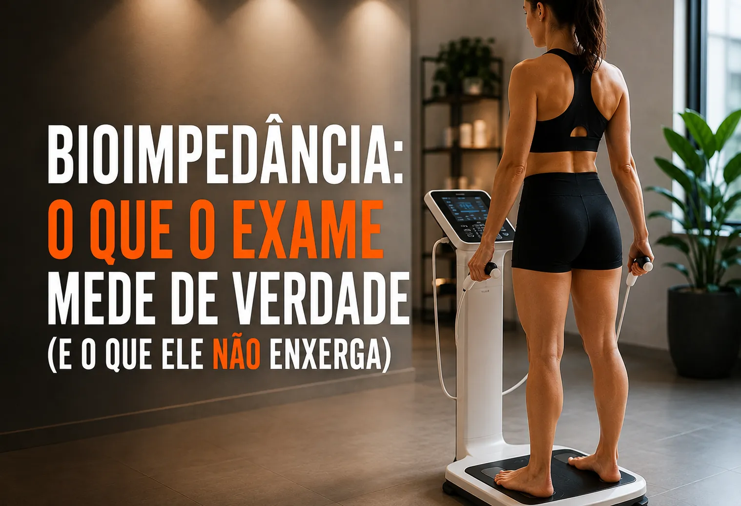 Pessoa em pé sobre uma balança de bioimpedância segurando os eletrodos com as duas mãos