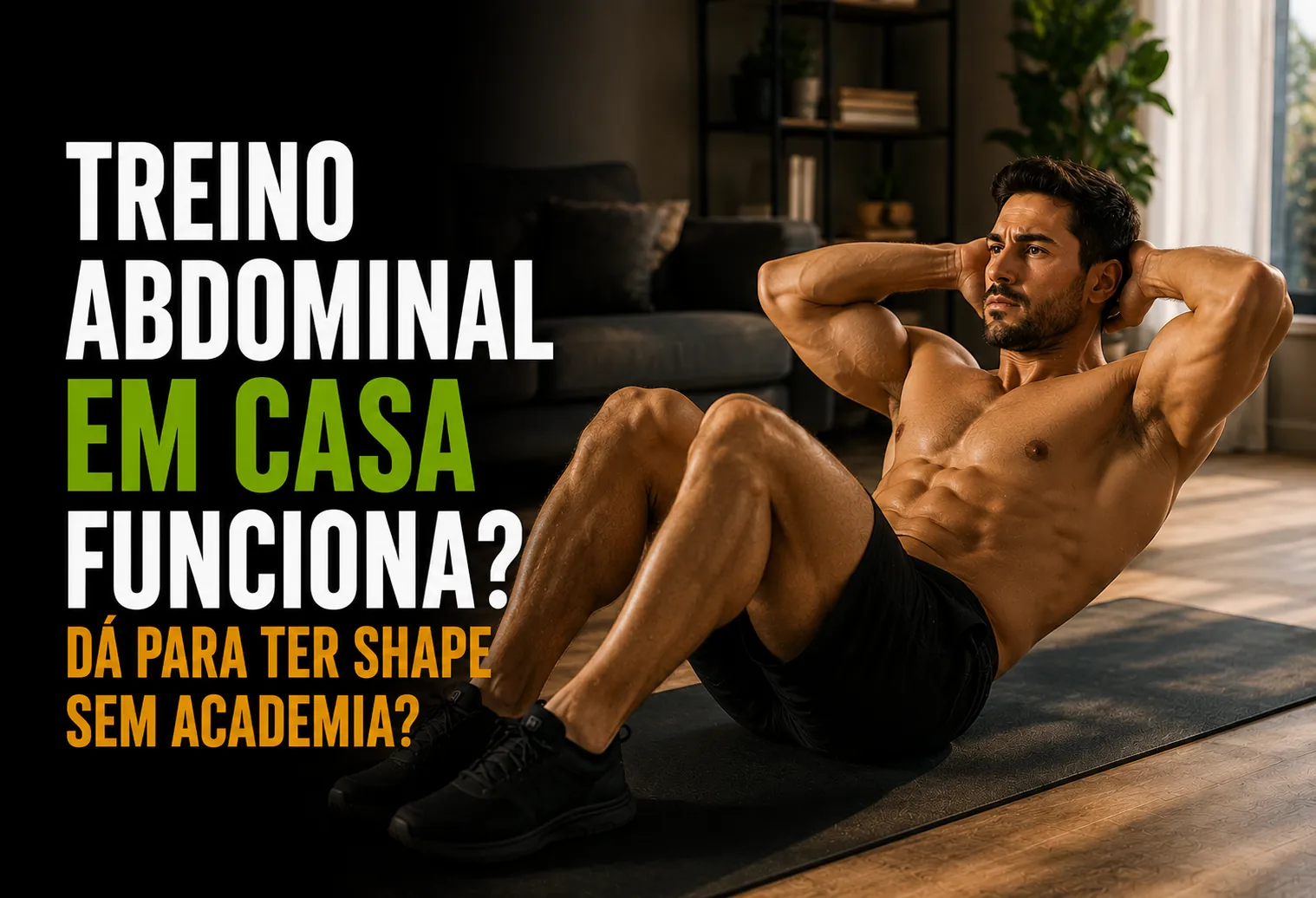 Pessoa fazendo prancha no tapete de exercício na sala de casa, com roupa de treino.