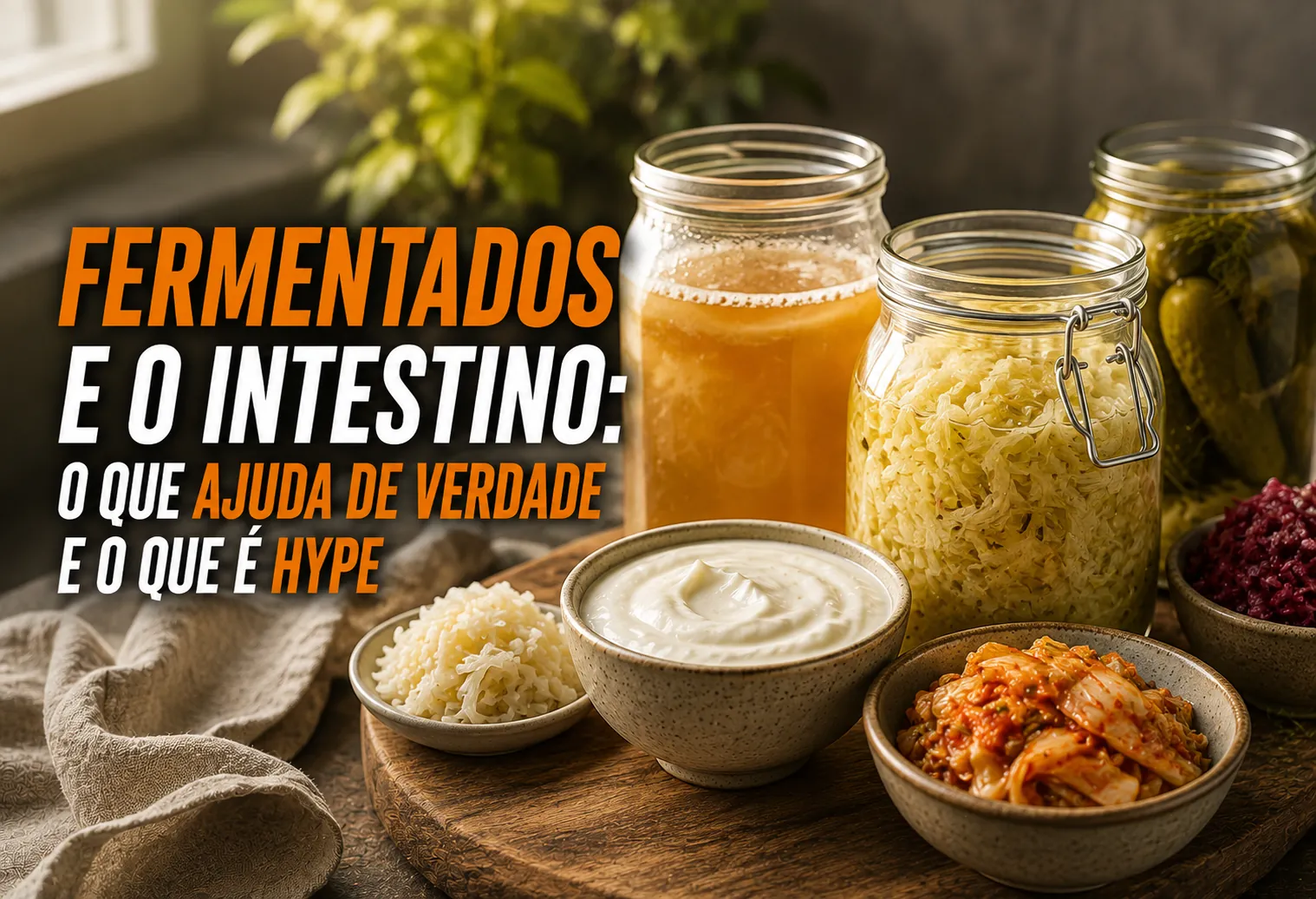 Potes de vidro com kefir, chucrute e iogurte natural sobre bancada de cozinha