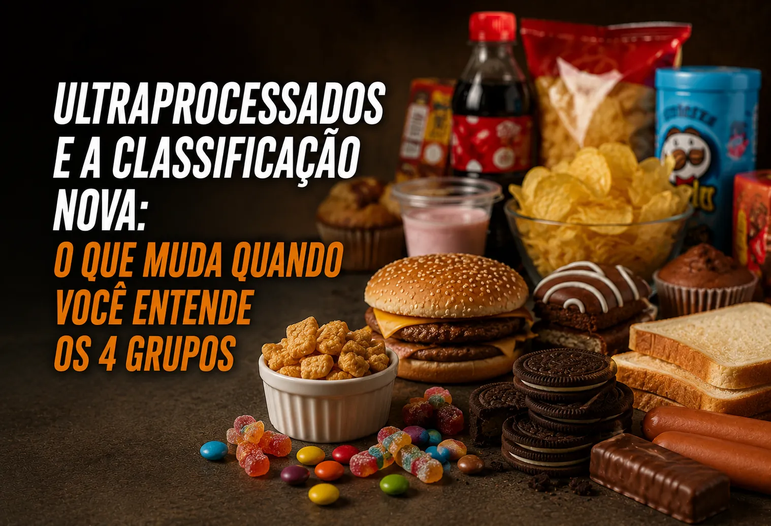 Feira com frutas e legumes frescos ao lado de pacotes de produtos industrializados, comparando comida in natura e ultraprocessados