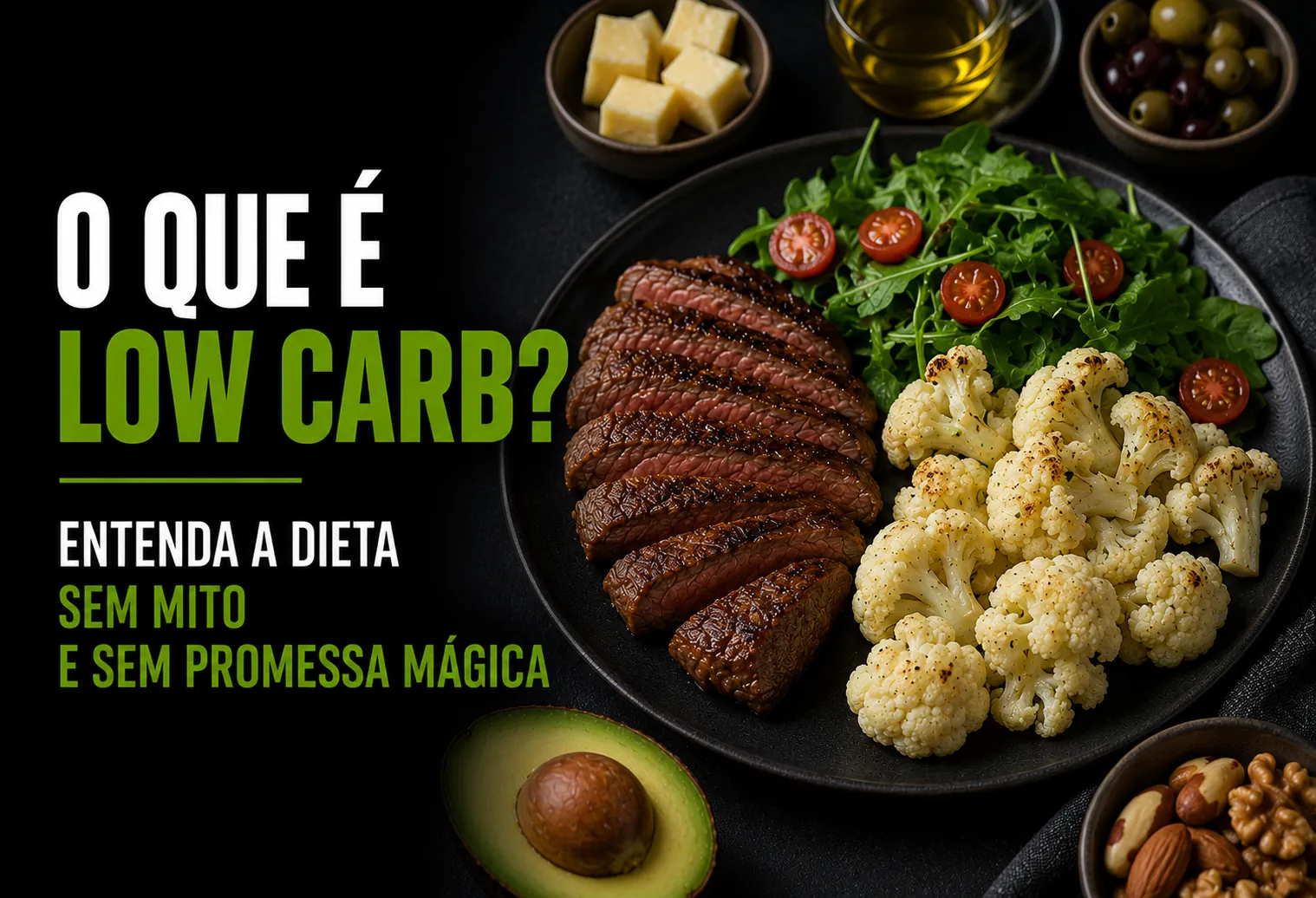 Prato com salmão grelhado, ovos, folhas verdes, abacate e castanhas sobre mesa de madeira