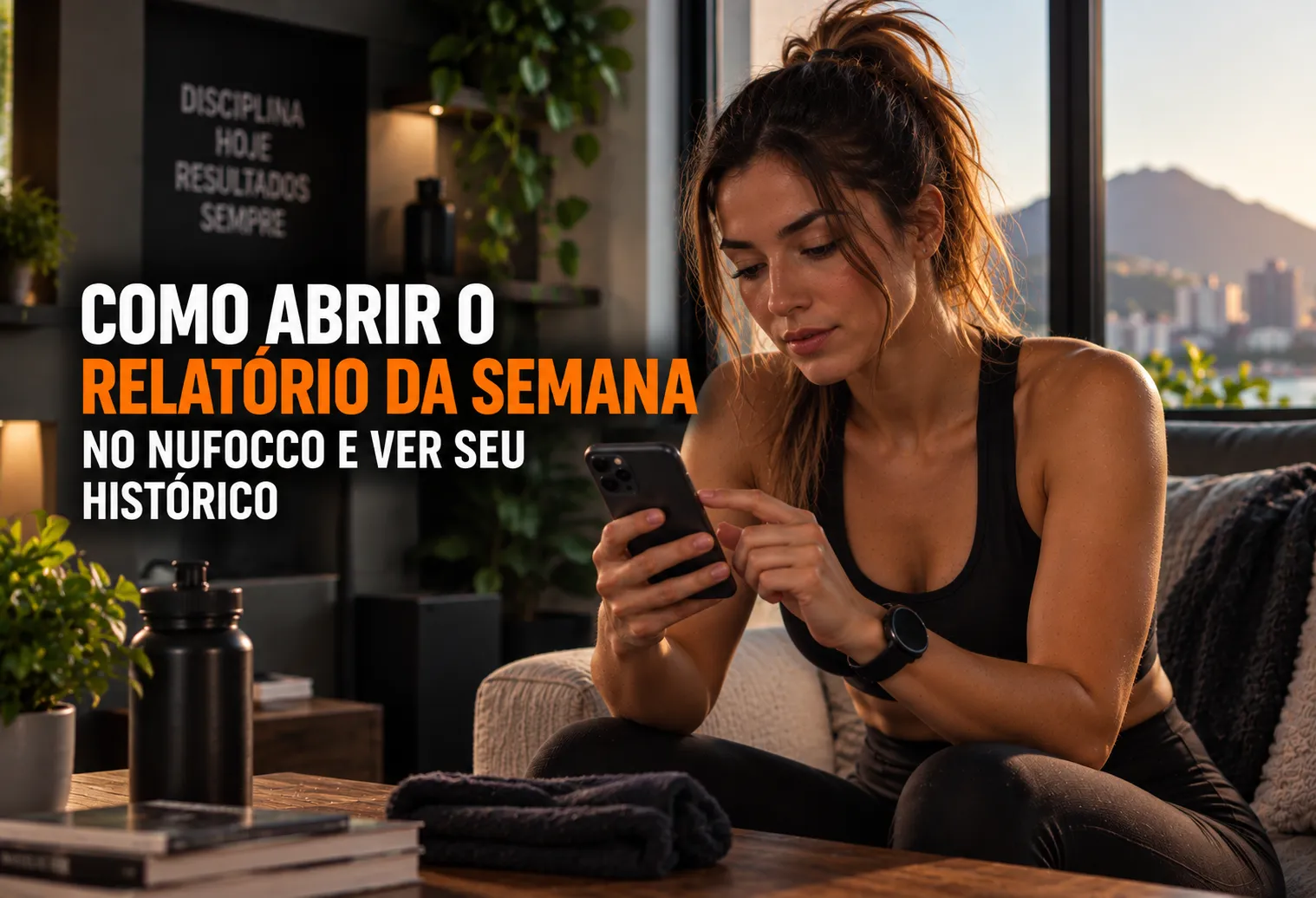 Mulher consultando um relatório semanal no celular ao lado de um caderno