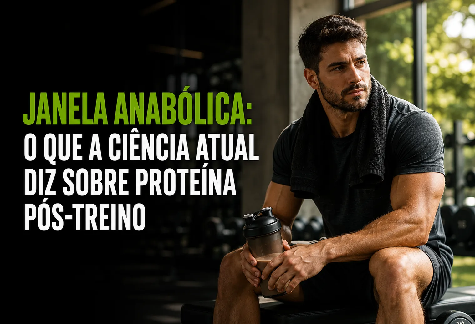 Shake de proteína em coqueteleira ao lado de halteres em ambiente de treino