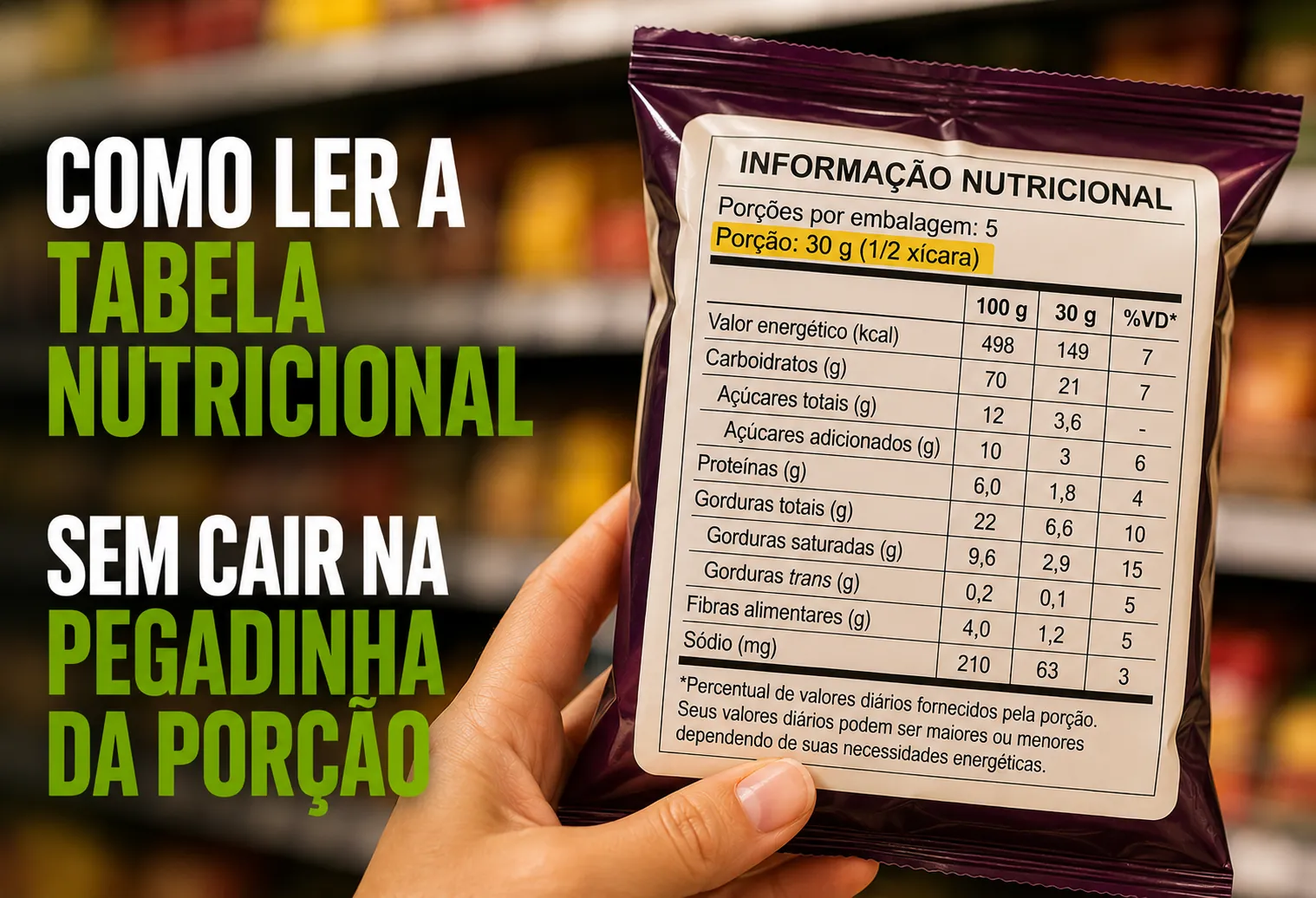 Mão segurando dois pacotes de alimento no corredor do supermercado, comparando a tabela nutricional impressa no verso