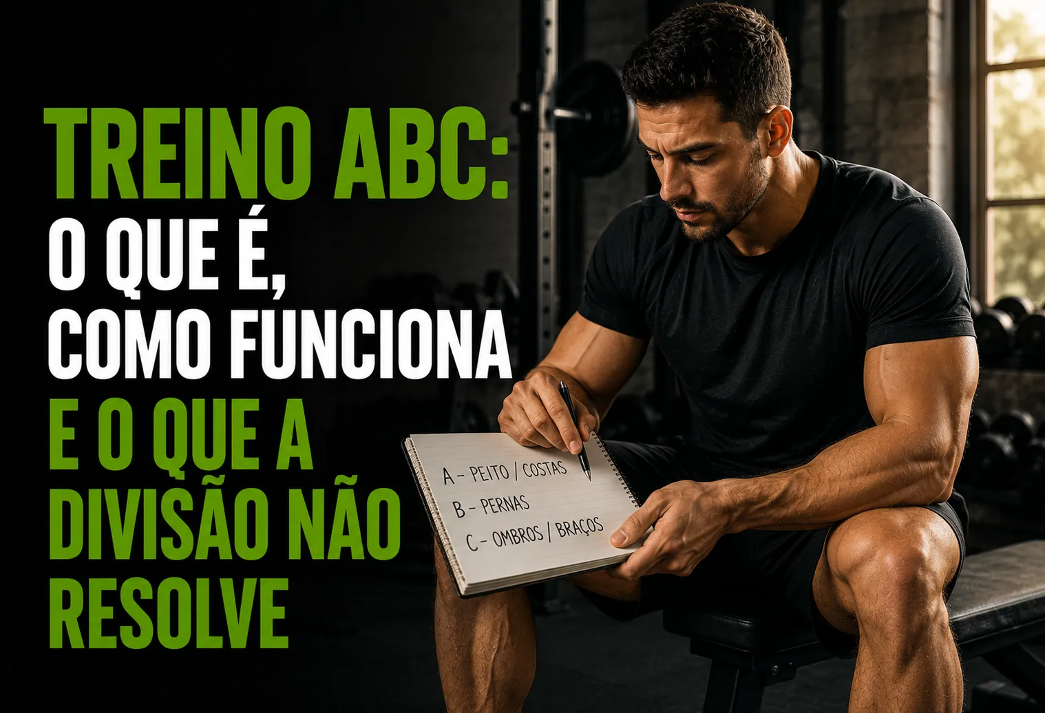 Ficha de treino em prancheta na academia com os blocos A, B e C anotados, ao lado de halteres