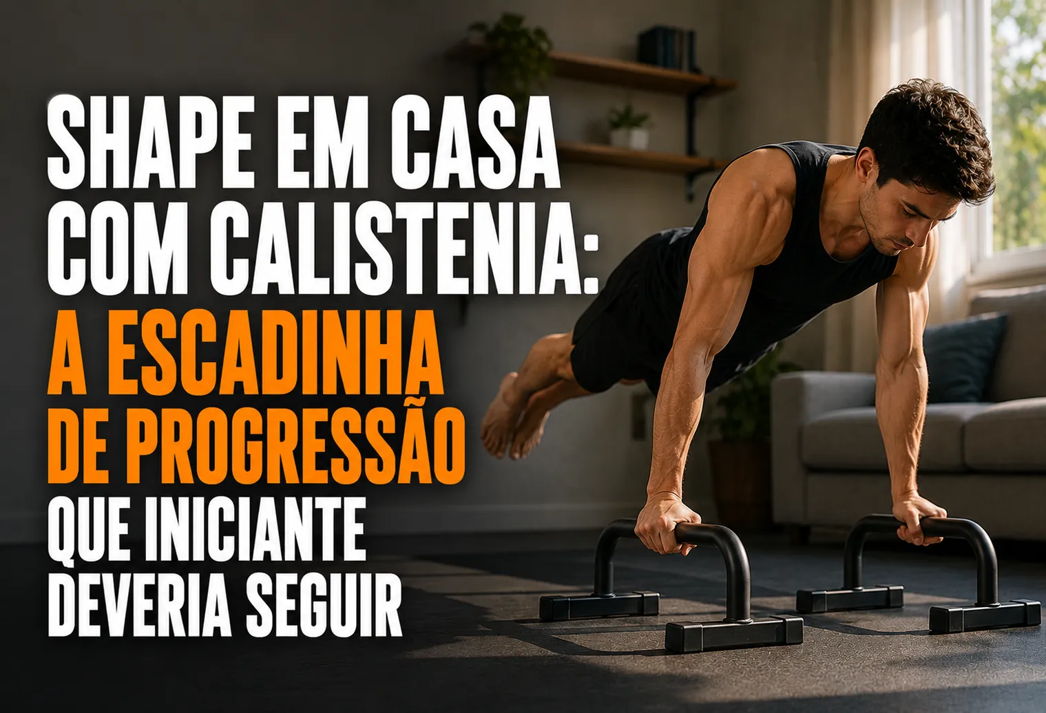 Homem fazendo flexão de braço com os pés apoiados em uma cadeira na sala de casa