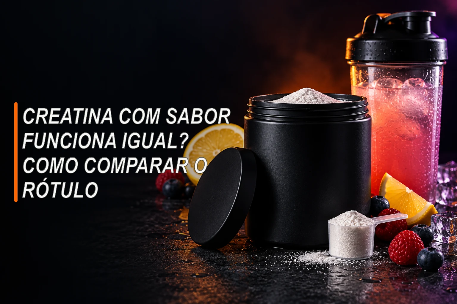 Pote sem rótulo com creatina em pó, frutas e bebida saborizada ao lado
