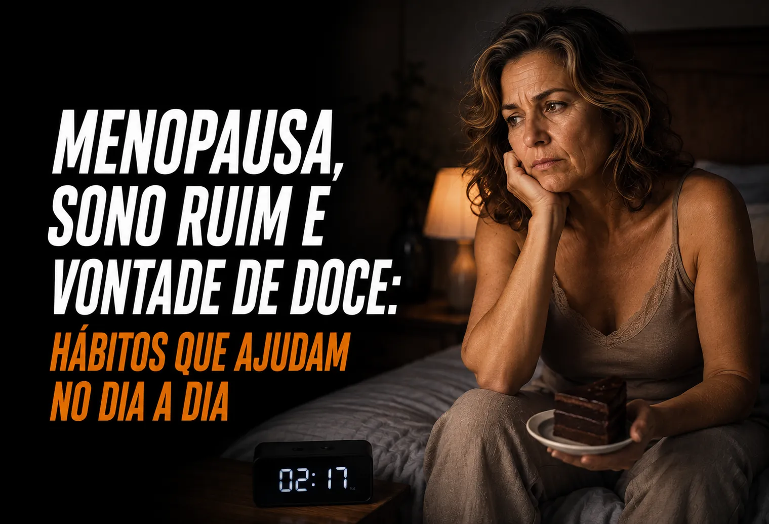 Mulher madura de camisola sentada na beira da cama num quarto escuro à noite, olhando pela janela, com aparência de quem acordou no meio da madrugada.
