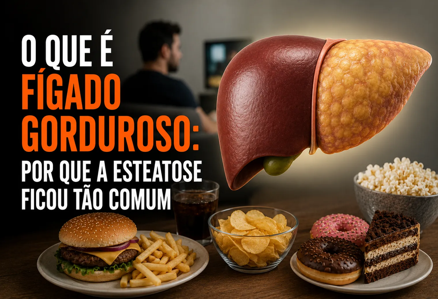 Ilustração de um fígado humano com acúmulo de gordura, representando a esteatose hepática ou fígado gorduroso