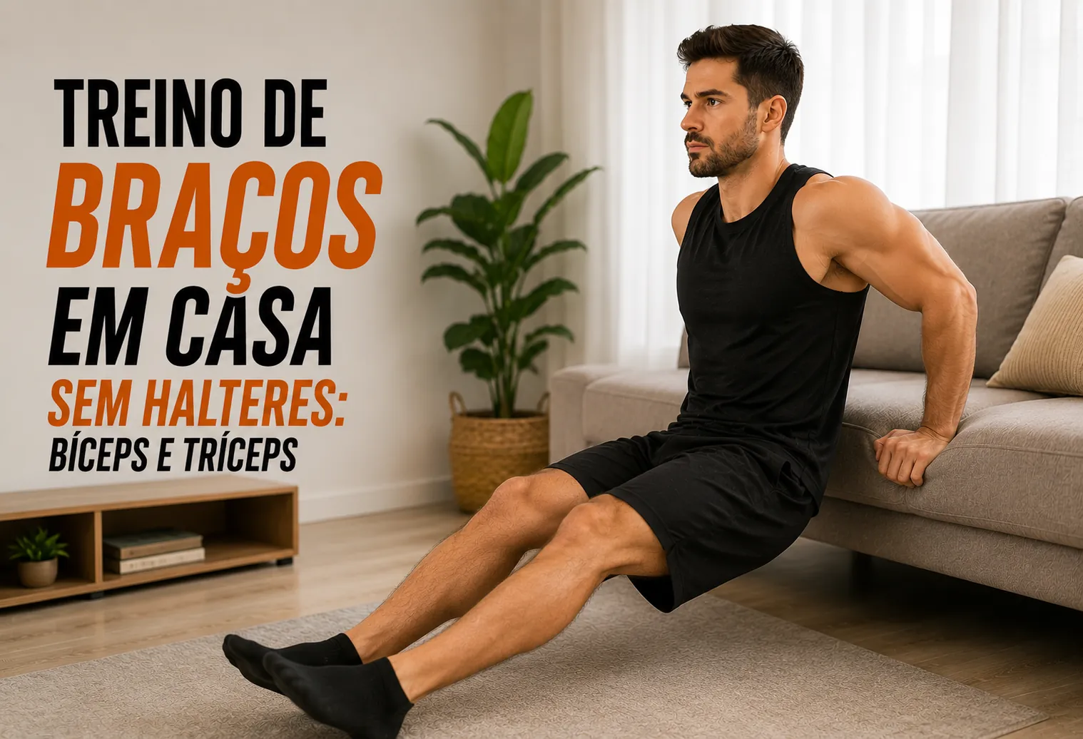 Pessoa treinando braços em casa com flexão apoiada no chão