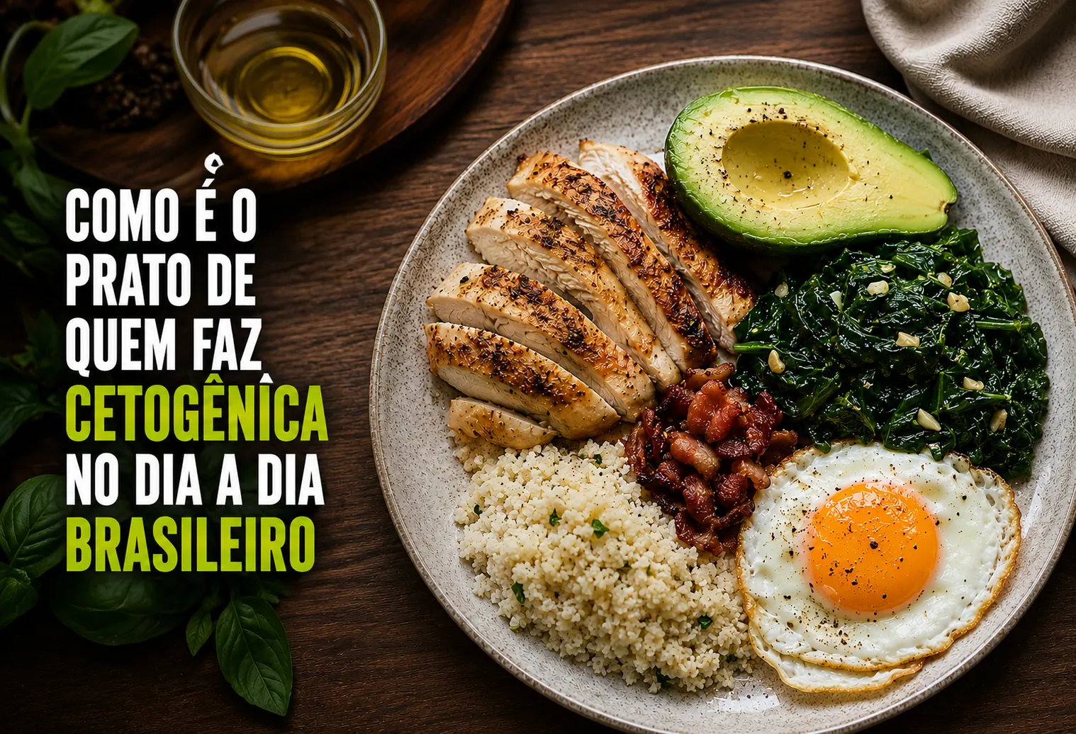 Prato com frango grelhado fatiado, meio abacate, espinafre refogado, bacon, ovo frito e cuscuz sobre uma mesa de madeira