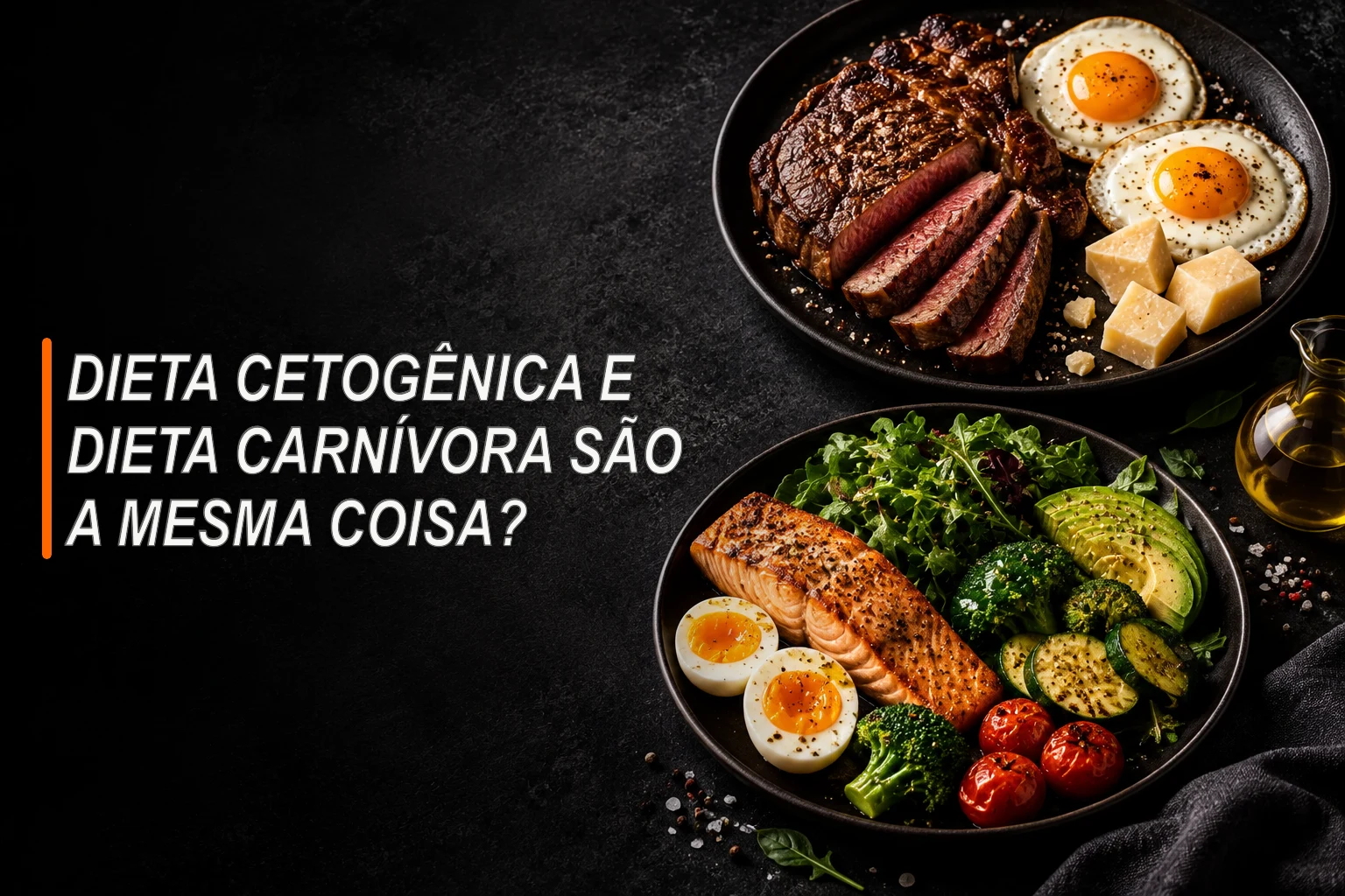 Dois pratos sobre uma mesa escura, um com carne, ovos e queijo e outro com peixe, ovos e vegetais.