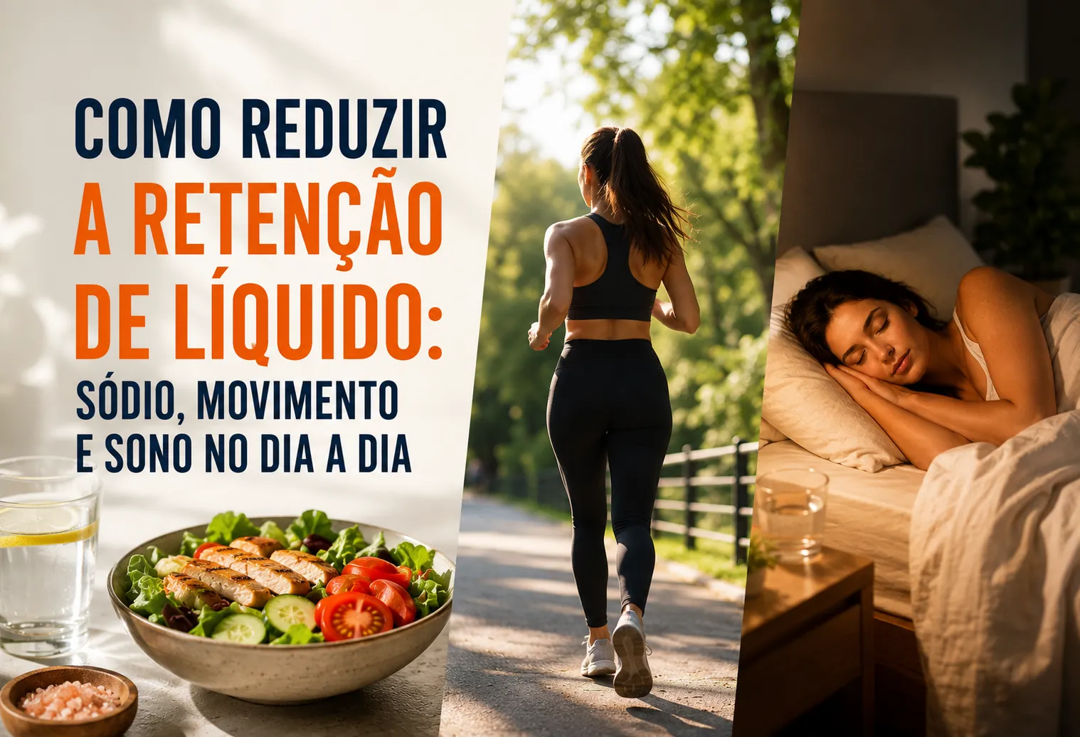 Copo de água com limão ao lado de um prato com feijão, folhas verdes e banana sobre a mesa