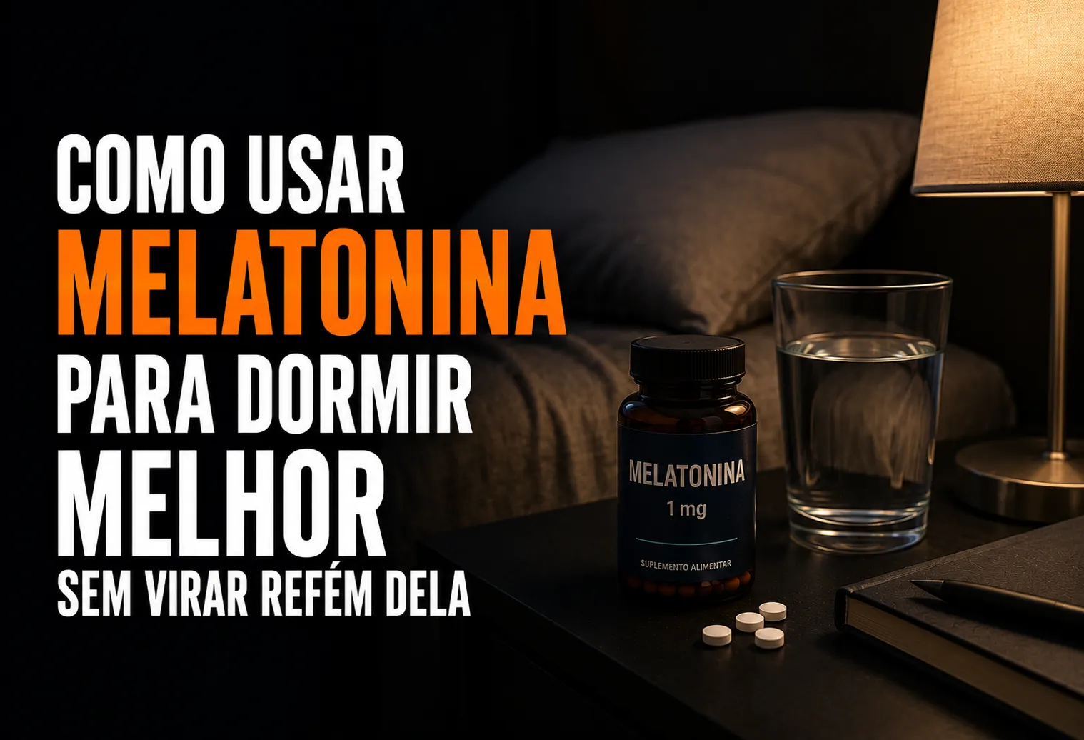 Pote de melatonina na mesa de cabeceira ao lado de um abajur com luz baixa e um celular virado para baixo